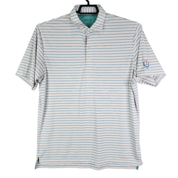 Men's Johnnie-O Polo Shirt UPF 50 White Blue Orange Striped Short Sleeve Size L - Picture 1 of 10